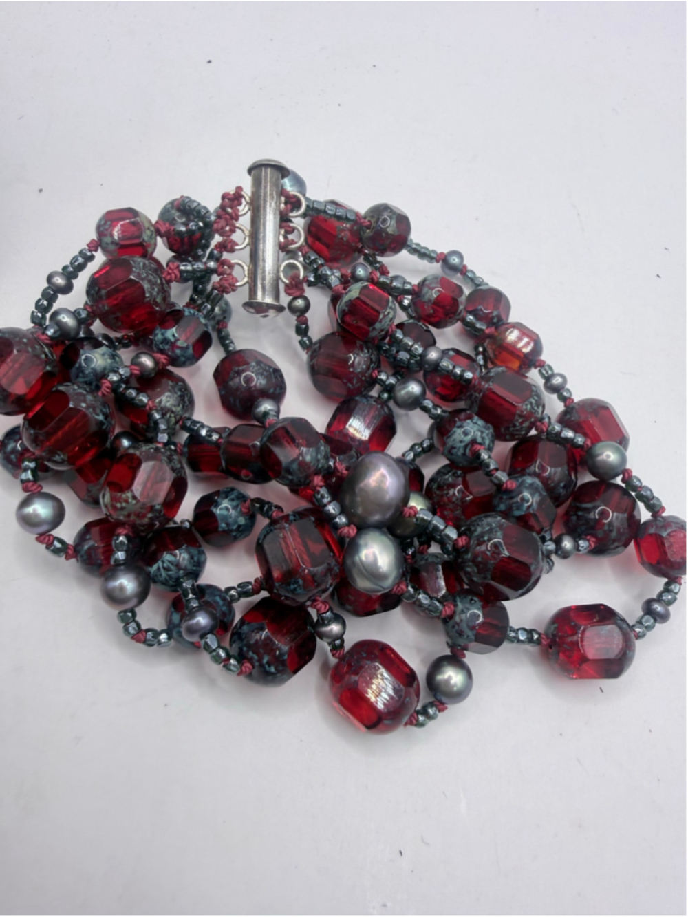 Women's Multi-Strand Red Czech and Grey pearl Beaded Bracelet